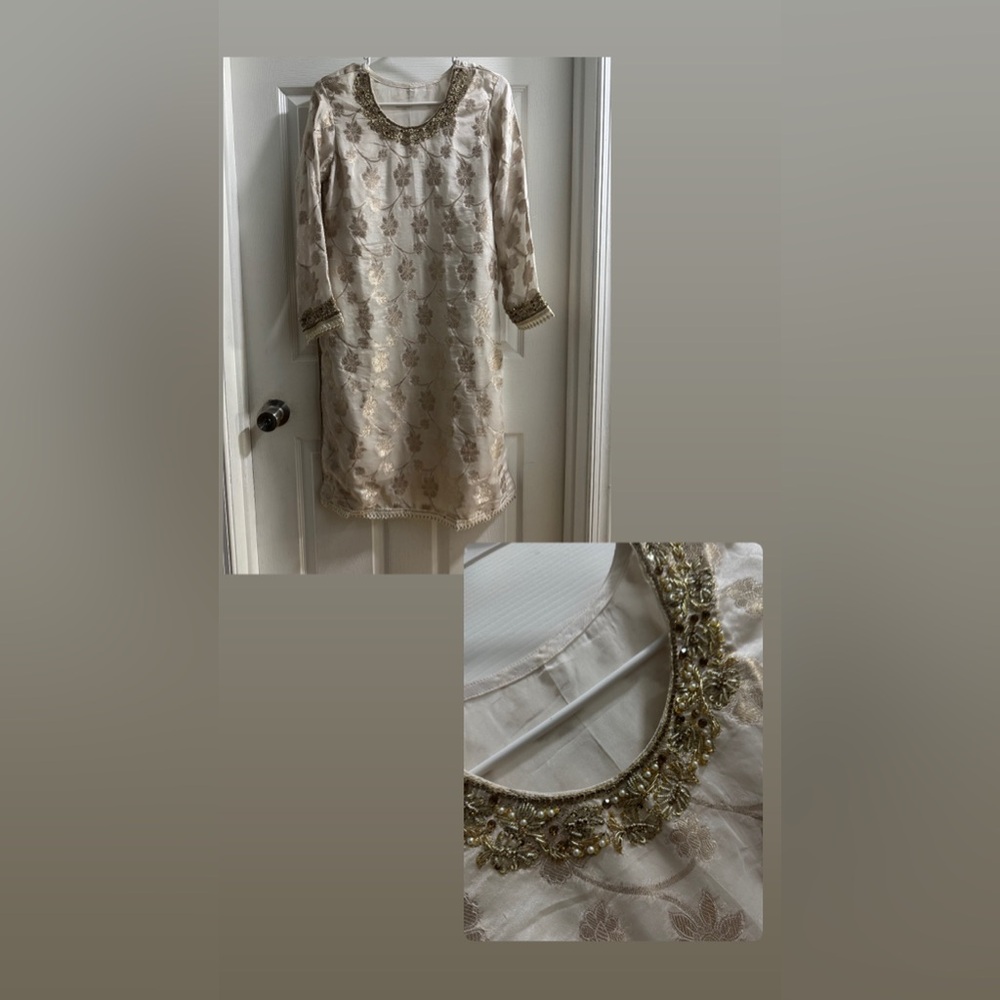 Elegant Cream and Gold Embroidered Dress